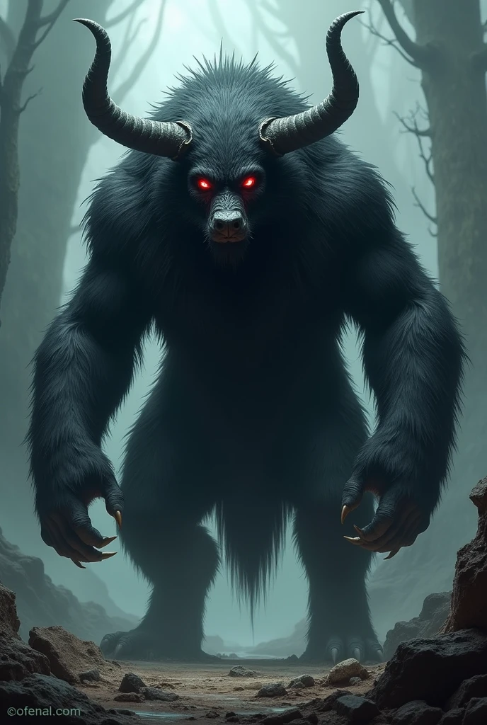 Create a 2 meter large creature, full of black hair all over her body, vibrant red eye, horns and long calm, its risto is similar to a canine, but specifically a fox. This creature also has horns and claws., and has a more animalistic posture and body