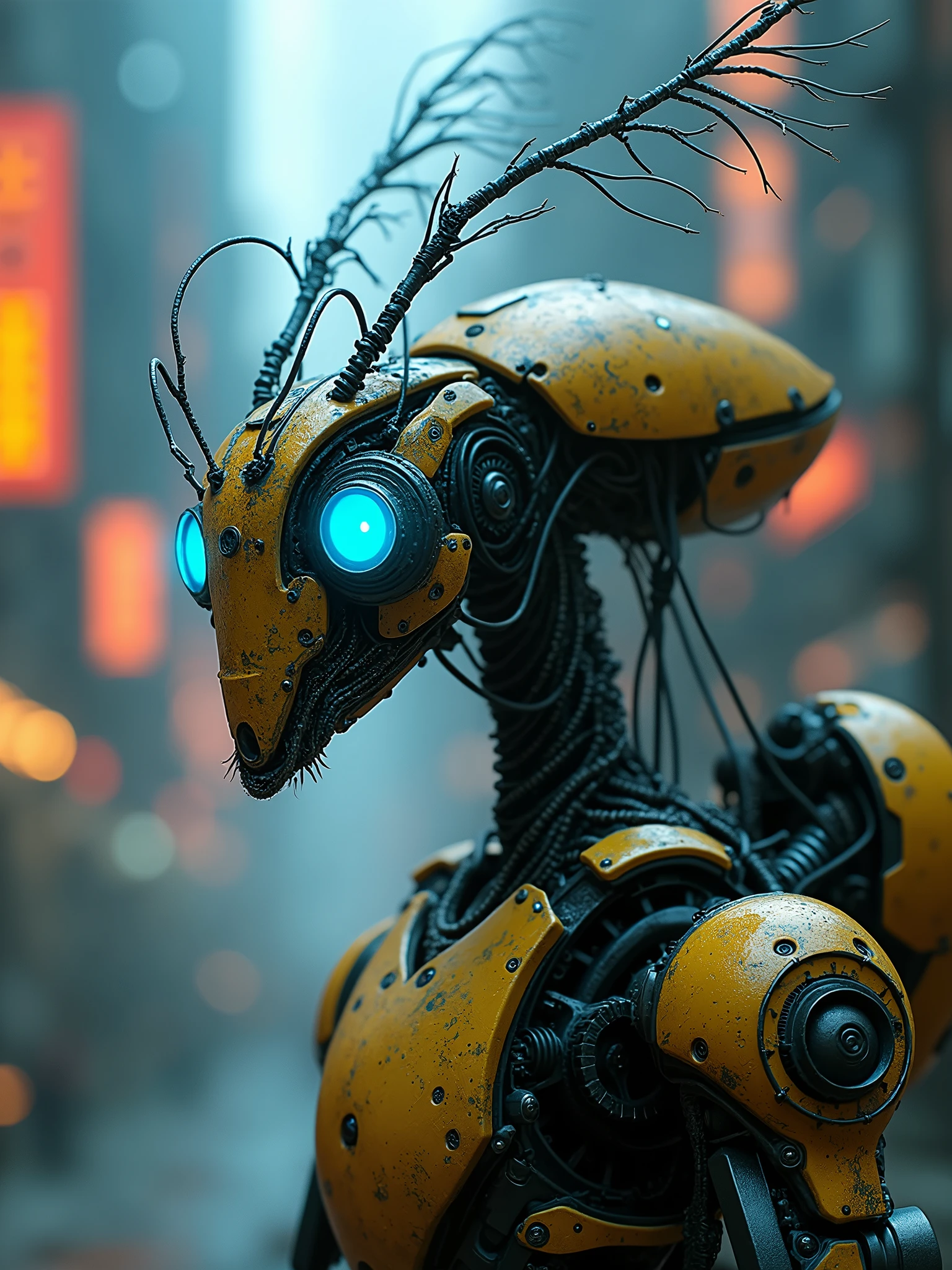 ((Masterpiece artwork, 16K, best qualityer, high resolution: 1.3)), (a portrait of a biomechanical Mosquito robot: 1.2), (Hyperdetailed and intricate matte painting by Jean Baptiste Monge, Jesper Ejsing, Anton Fadeev, Peter mohrbacher: 1.2), (hypermaximalist, Precision: 1.2), (blue, greens, yellows: 1.2), (The robot lion is a fusion of organic and mechanical elements: 1.2), (Its mane is composed of intricate details, Tendrils and metallic wires:1.2), (Its eyes gleam with a vibrant blue light, Suggesting AI:1.2 Advanced), (The body is a complex arrangement of gears, Pistons and circuits:1.2), (The mechanical parts are perfectly integrated with the organic features, Creating a harmonious blend:1.2), (The background is a futuristic industrial landscape with imposing structures and neon lights:1.2), (the composition showcases the intricate details of the mosquito robot and the futuristic setting:1.2), (A moment frozen in time, capturando a essência do avanço tecnológico e da Precision artística: AR-16:9
