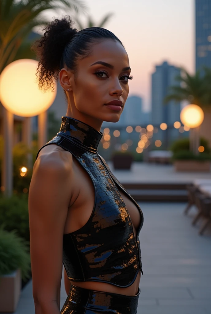 Create an avant-garde fashion scene featuring a model with African descent, but with the features of Angelina Jolie. The model is dressed in an experimental, artistic outfit that defies conventional fashion norms, showcasing bold, non-traditional materials and striking, asymmetrical designs. The setting is a futuristic urban rooftop garden at twilight, with sleek, illuminated sculptures and an expansive cityscape in the background. The environment should have a blend of modern architecture and lush greenery, with soft, ambient lighting accentuating the model's outfit and creating dramatic shadows.
The composition should capture the model's entire body, ensuring that she is fully visible within the 16x9 frame, from head to toe, highlighting her elegance, confidence, and sophisticated presence amidst this striking urban oasis.
Filmed on ARRI ALEXA 65, Bokeh, sharp focus on the subject, shot by Don McCullin. The atmosphere should exude a sense of artistic expression, with the model embodying the essence of avant-garde fashion—daring, bold, and cutting-edge.
Keywords: beauty, model, elegance, glamour, fashion, stunning, radiant, chic, graceful, confident, striking, flawless, alluring, photogenic, sophisticated, enchanting, captivating, charismatic, runway, editorial, beauty standards, artistic, style, aesthetic, personality, portrait, beauty photography, professional model, fashionista, trendsetter."