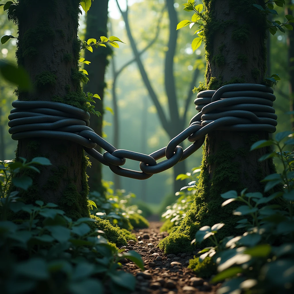 The chains are wrapped around the trees, creating a contrast with the natural environment. Using natural light to capture the interaction between chains and natural elements. Beautiful cinematic lighting, surreal, color graded, dynamic movement, captivating chiaroscuro, full body, award-winning, cinematic still, emotional, vignette, dynamic, vivid, (masterpiece, best quality, photorealistic, Professional, perfect composition, very aesthetic, absurdres, ultra-detailed, intricate details:1.3)