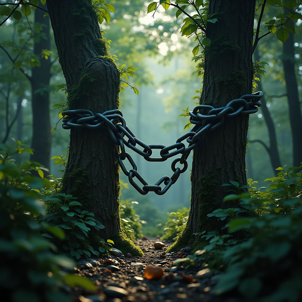 The chains are wrapped around the trees, creating a contrast with the natural environment. Using natural light to capture the interaction between chains and natural elements. Beautiful cinematic lighting, surreal, color graded, dynamic movement, captivating chiaroscuro, full body, award-winning, cinematic still, emotional, vignette, dynamic, vivid, (masterpiece, best quality, photorealistic, Professional, perfect composition, very aesthetic, absurdres, ultra-detailed, intricate details:1.3)