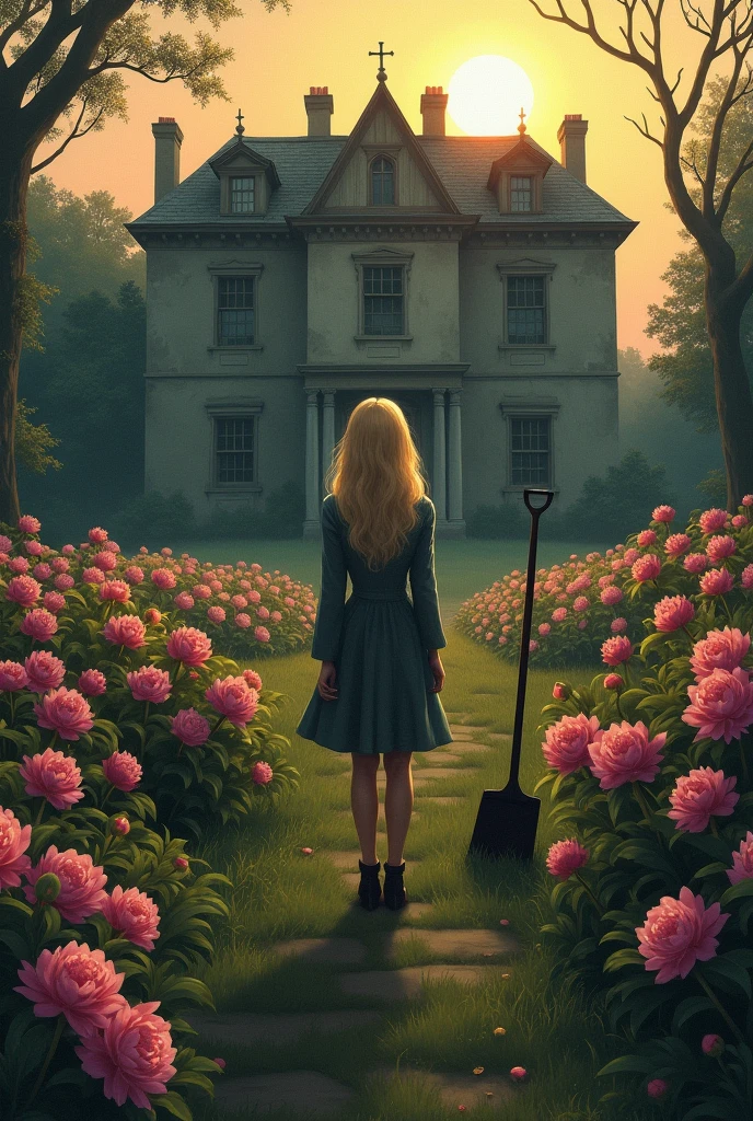 I want a blonde standing facing several freshly covered graves (no headstones) in a garden of peonies. Beside her, the sun sets behind a large, old-fashioned house (an orphanage). The shovel is near the blonde