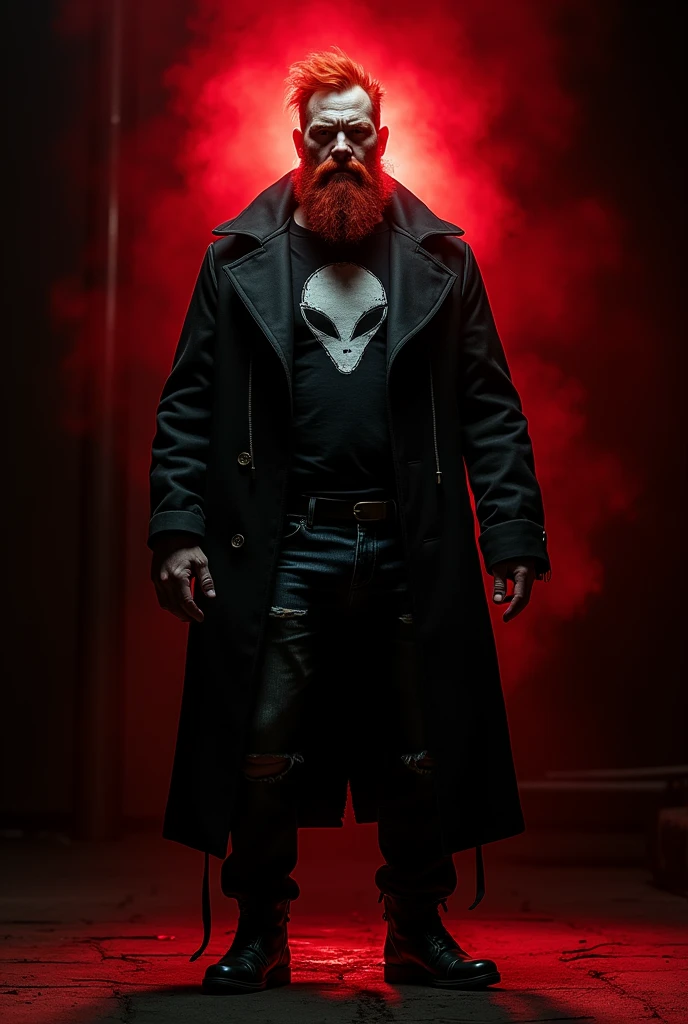 Postal dude, PICTURE REALISTIC, white male, 3, athletic body, black overcoat, t-shirt with alien image, dark jeans, Black boots, sunglasses, red hair, red beard. Postal dude, postal 2, malignant aura, malefic, dangerous, nuts, psychopath -- Black background with a red light coming from behind him.
((4k image quality, HDR, face detailed, detailed clothing, detailed scenery))