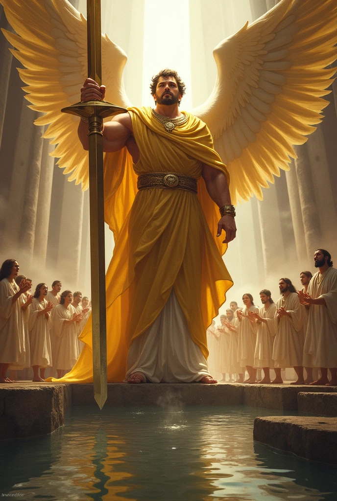 Giant male angel with a golden robe and a giant golden sword in his hand and raising the sword the angel is standing next to a stone pool with water ,Behind the angel there is a crowd of people, men and women smiling, dressed in white, and in front of the angel there are dark spirits that cannot pass through. 
