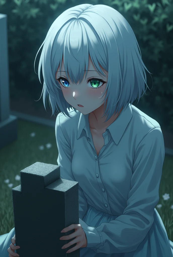 anime style, young adult woman, with blue right eye and green left eye, short white hair.
Sitting next to a grave.
He has watery eyes.