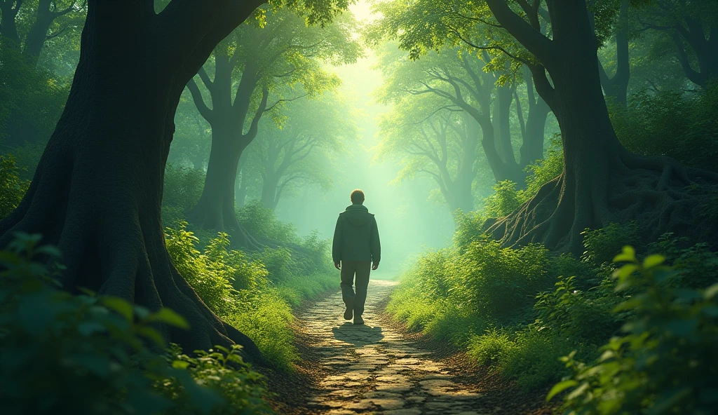 An individual walking along a winding path through a mystical forest, with astrological symbols appearing subtly in the foliage. The atmosphere is magical and exploratory, symbolizing the journey of self-discovery and the guidance provided by numerology. --ar 16:9