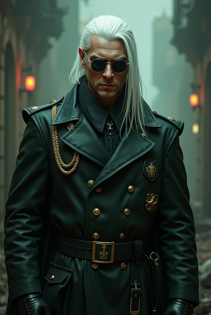 dark fantasy, guy 2 average age, , Commissar Warhammer, man, with long straight white hair, pale skin, green eyes,black round sunglasses , strong build, black lips, The face is narrow, in the form of a Warhammer commissar
