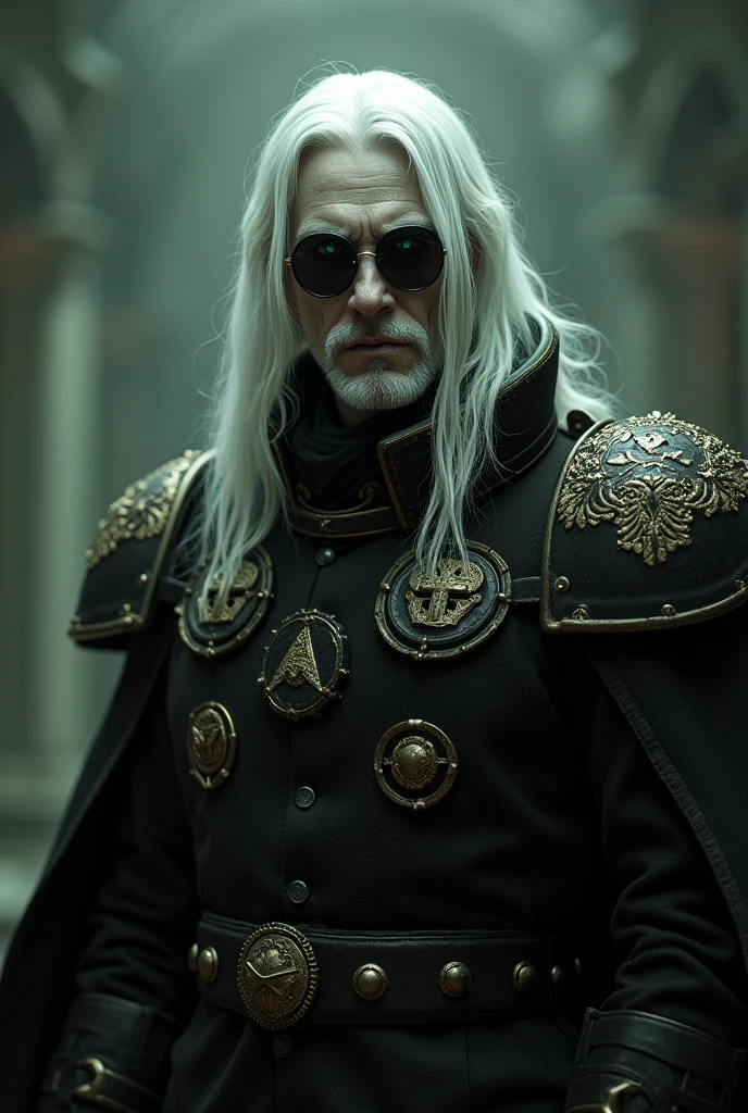 dark fantasy, guy 2 average age, , Commissar Warhammer, man, with long straight white hair, pale skin, green eyes,black round sunglasses , strong build, black lips, The face is narrow, in the form of a Warhammer commissar