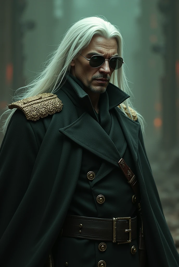dark fantasy, guy 2 average age, , Commissar Warhammer, man, with long straight white hair, pale skin, green eyes,black round sunglasses , strong build, black lips, The face is narrow, in the form of a Warhammer commissar