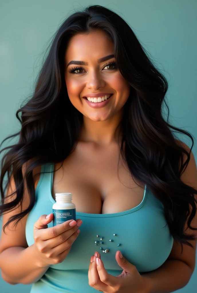 Fat woman with long black hair, taking weight loss capsules., black hair, aqua eyes, smile, sparkle, best quality