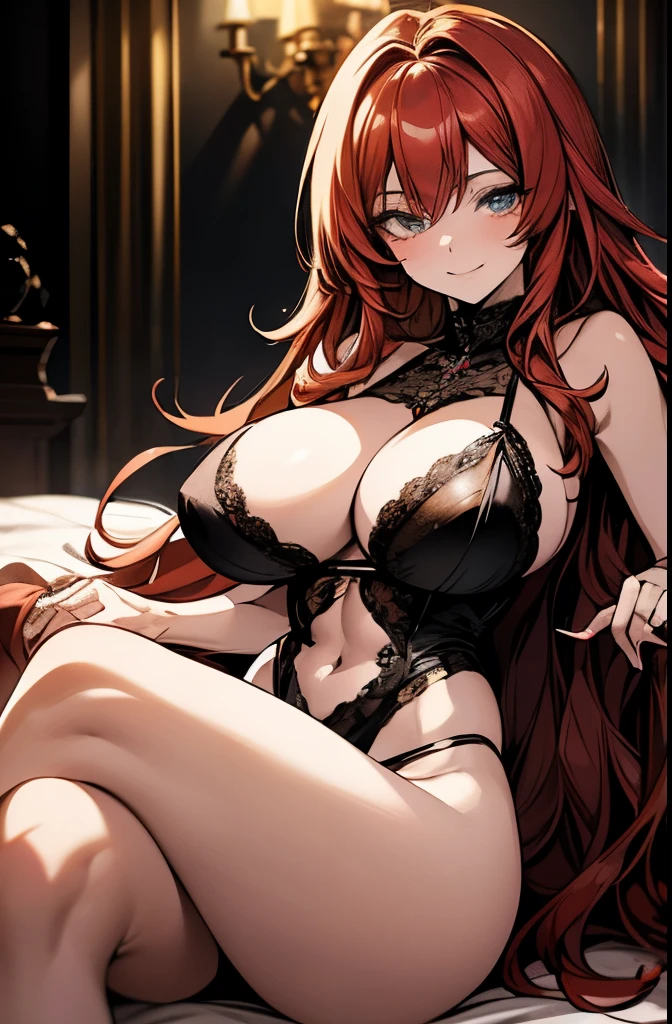 Anime, a glamour shot of a smiling Rias Gremory (extremely long wavy red hair), enormous breasts, big ass, Sitting demurely with her legs crossed on her bed, leaning toward the viewer, cowgirl, with Smokey eyes and knowing smile, sexy revealing lingerie, underboob, side boob, insanely detailed face and eyes, intricate, hyper-detailed bedroom, digital illustration, masterpiece, beautiful eyes, atmospheric lighting, centered, perfect anatomy, glowing eyes, candid portrait, clear, very detailed, smooth, sharp focus, focused on the viewer