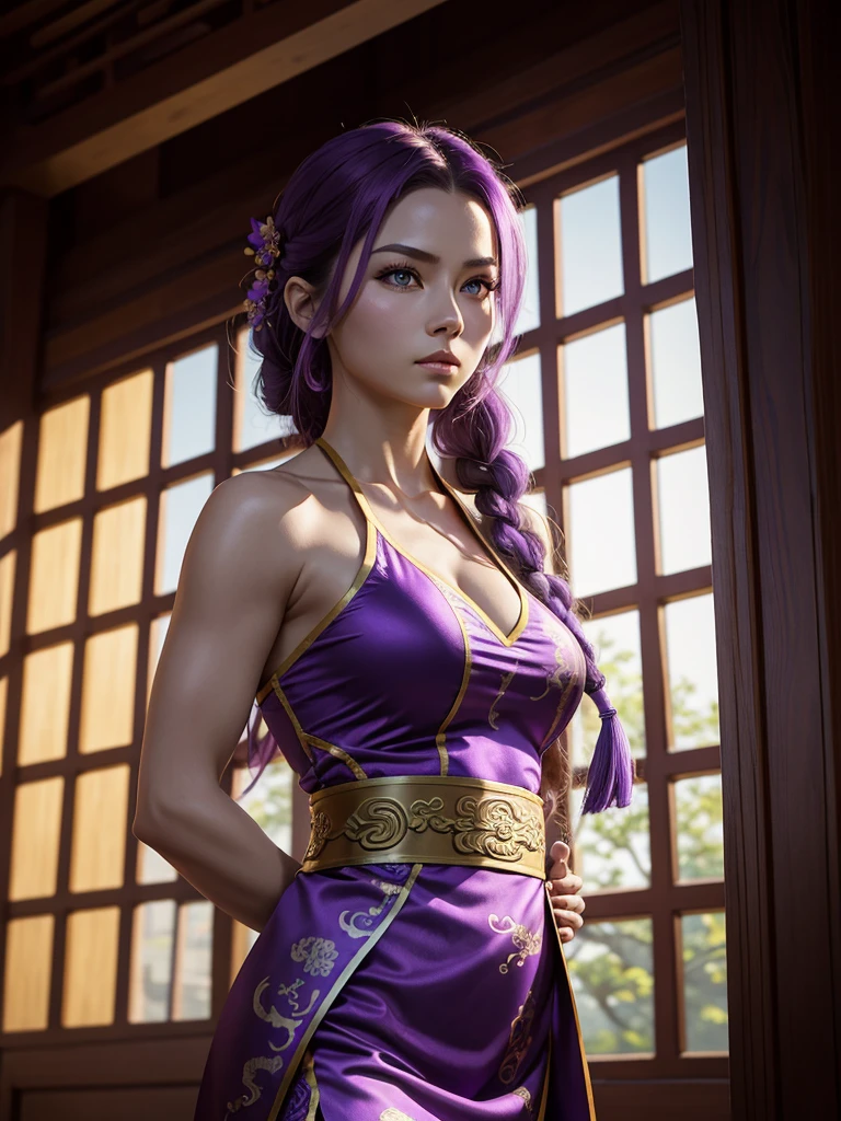 Beautiful Caucasian woman. Fitness body. Big round breasts. Just one woman. Alone. Western woman. Long hair with 1 braid. Purple hair. Bright purple eyes. Woman cosplaying as a kung fu fighter. She is wearing a traditional purple Chinese dress with a dragon print on the front. She is in a Chinese temple. The woman has a forward-looking expression. Dynamic lighting. Dynamic shadows. High resolution.