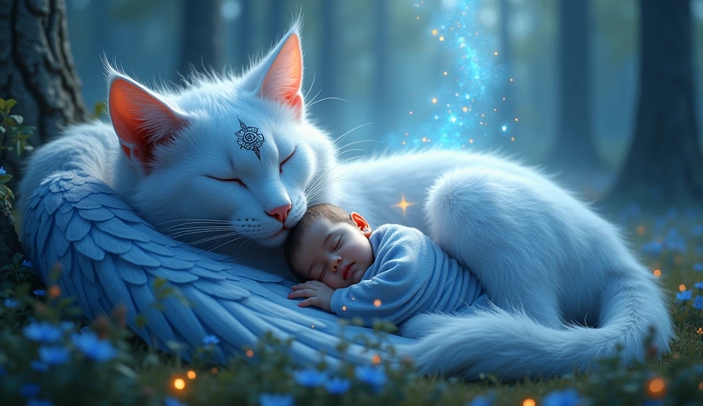 Cute, adorable sleeping baby in the arms of a huge sleeping cat with heavenly wings, sapphire cloak with stars, a stream of sparks of magical light, runes on the forehead, water, the forest, fairy tale, Fantasy, hyperrealism, Body curve, nobility, goodness, watercolor, BLUE, BLUE, sapphire, pastel shades, glare, Shine, streams of sparks, 3D Fantasy, fog, fog, fantasy, hyperdetailing, Photo, high detail, Backlight, Ultra-realistic, art-eclairica, depth of field for everything, HDR, piece of art.