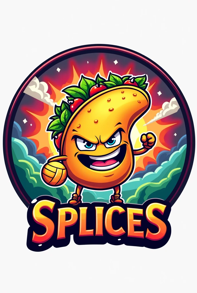 Circular cartoon logo 
Include name in mayus: "SPLICES"
Include an furiuos taco bean
Include a volleyball ball