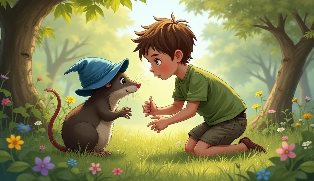 fantasy illustration,  (( boy)) finding a small one in the garden ((rato animal)) who wears a small blue hat.