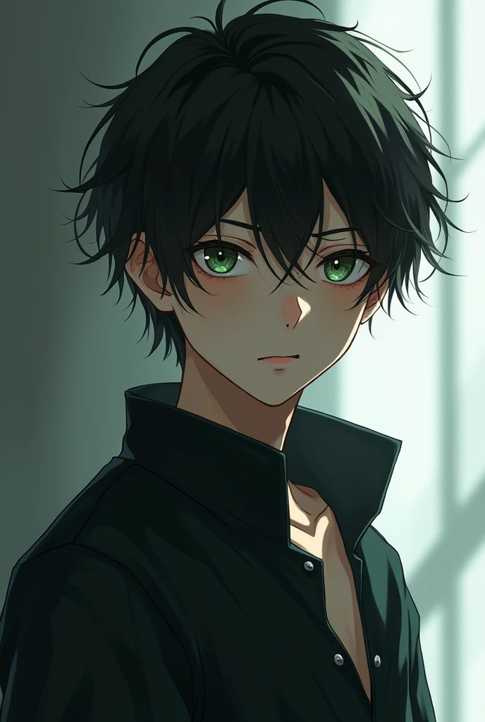 Black haired anime man with short wavy hair megra clothes, Brown eyes with a bit of green, Full body of a teenager with a face that reflects a traumatic past 