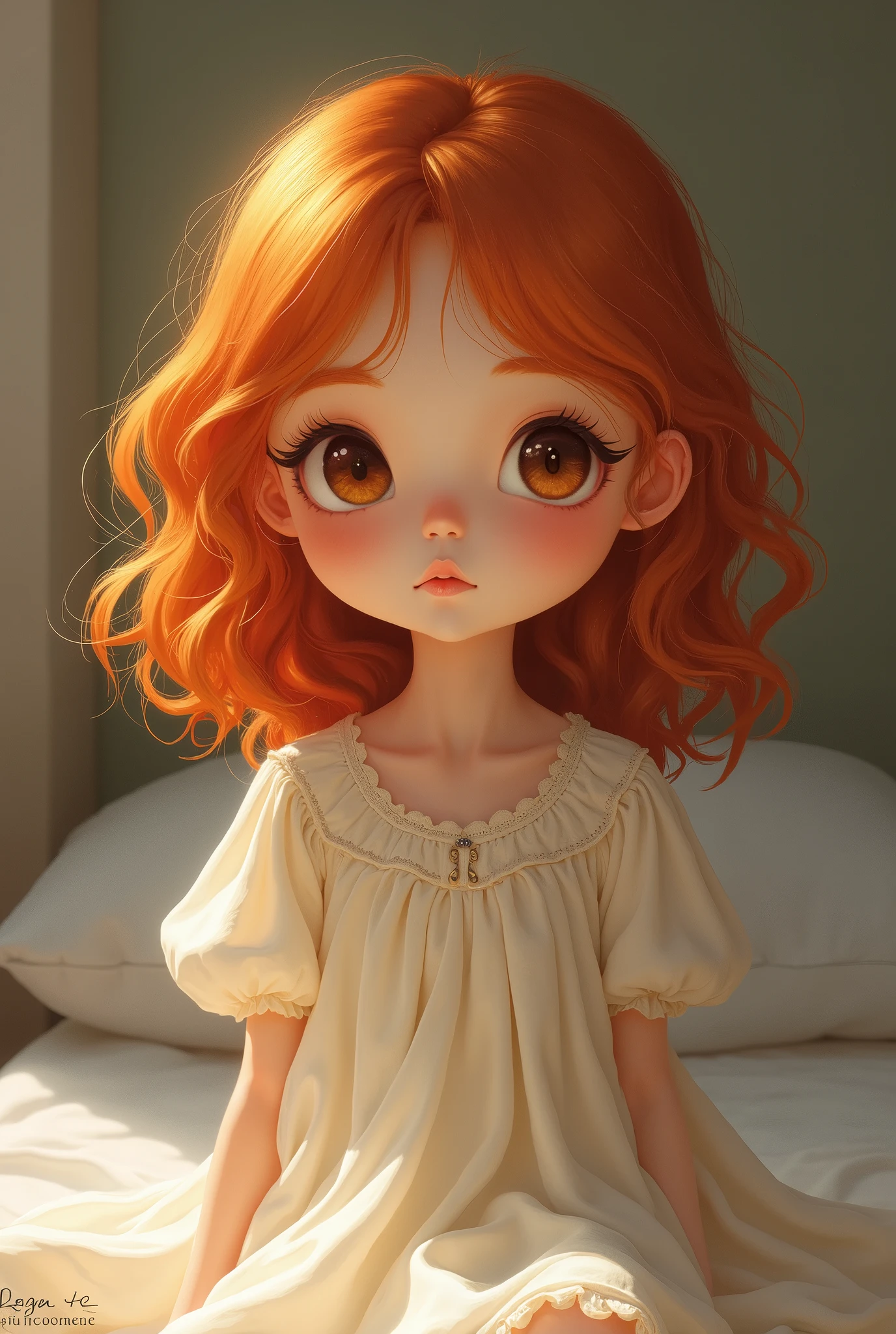 A girl, ginger wavy hair, chubby and night gown