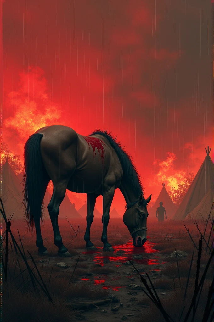 A wounded horse is eating in the field, the sky is bloody, it is raining with tears, the fire is on all sides, the tents are on fire, or the water is on them, they are throwing arrows on the horse.