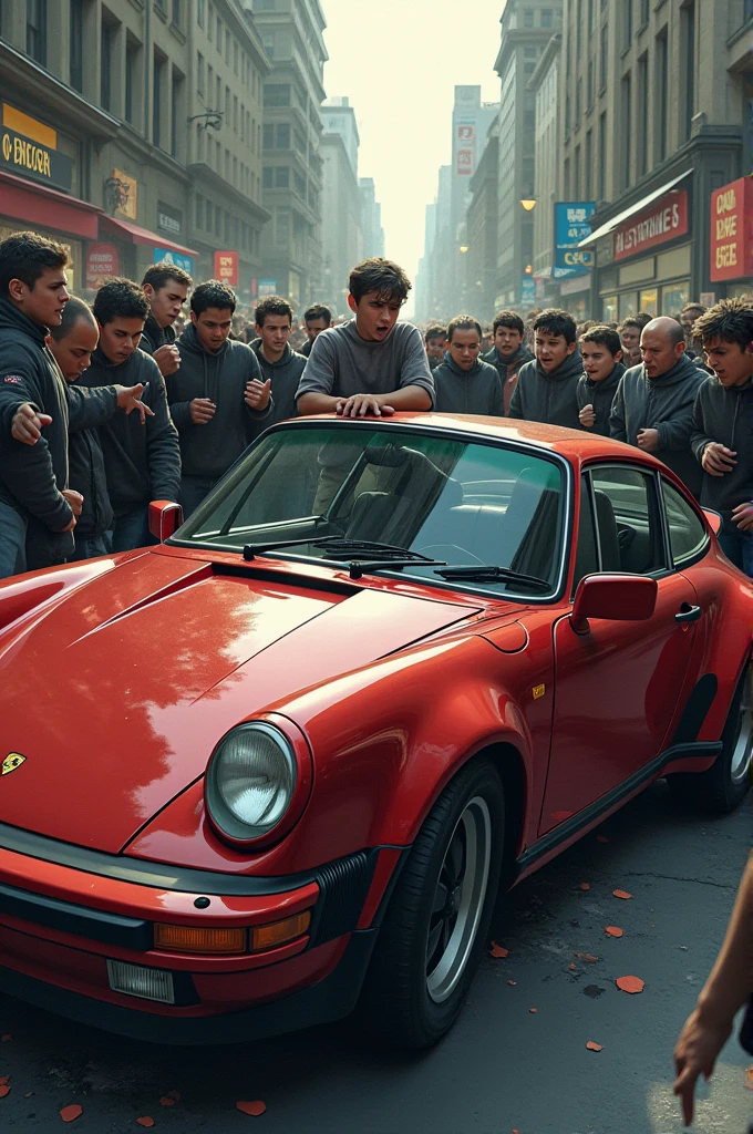 boy with his porche car accidents and two people injured and mob around is very angry