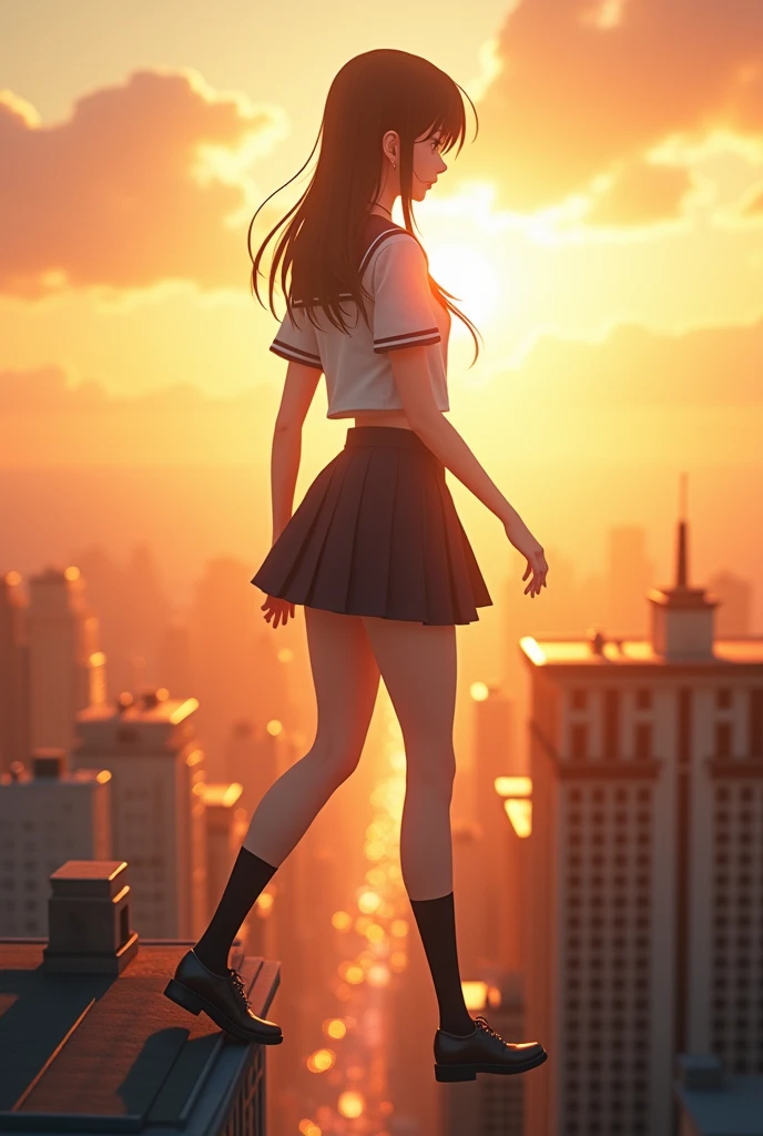 ((High definition, Masterpiece, 8k, Digital Photography, Digital Art)), ((Sunset illumination)), contrast, white illumination, ((A Giantess)), young face, school uniform, pale skin, ((Walking over a tiny city)), ((Over tiny buildings))