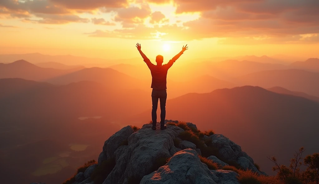 A person joyfully reaching the top of a mountain, looking out over a beautiful sunrise. The scene conveys a sense of accomplishment and fulfillment, reflecting the rewarding feeling of living in alignment with one's life path and numerological insights. --ar 16:9
