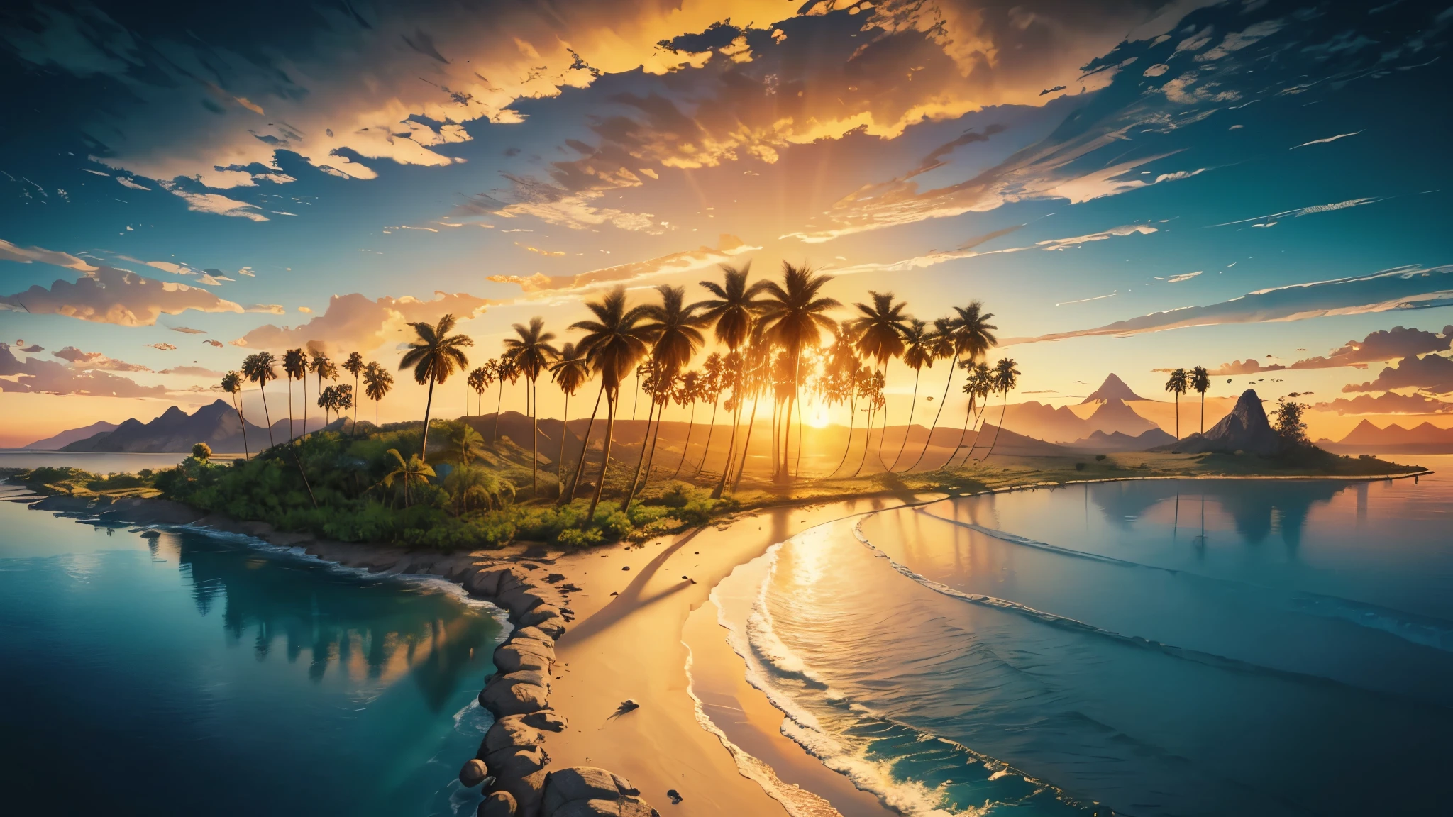 photorealistic landscape, natural landscapes, naturals, Beauty of Natures, golden sunset, sky, sky Power, Detailed Realistic Sunset, palmtrees, mountainous landscape, Rivers of water, Realism Sunset, Natural Treess, Lonely Men, man on his back, man's back, panorama, Alpha Male, Path to Heaven, heavenly, 8K Detailed Realistic Image, 16K Photorealistic Contrast, 8K Photorealistic Sharpness, 4K Photorealistic Cores, 16K Photorealistic Shadows, 8K Photorealistic Textures, 16K Photorealistic Texture, 4K Photorealistic Light, 4K PhotoRealism, FullHD 4K Detailed Contrast, detailed sharpness FullHD 8K, detailed sharpness FullHD 4K, detailed sharpness, 2K detailed colors, lifelike colors, FullHD Detailed Shadows, 4K Detailed Textures, detailed texture, padoru, natural beautifuls, posh