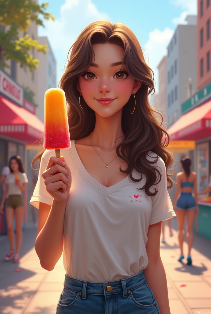 Draw a female character, long hair preyo selling popsicle 
