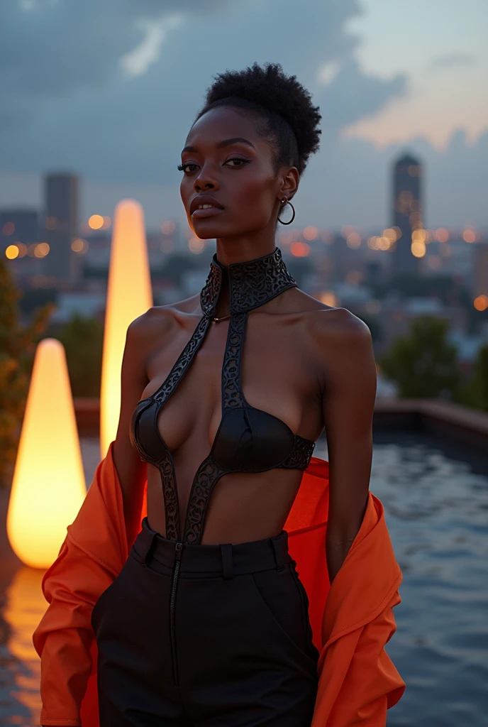 Create an avant-garde fashion scene featuring a model with African descent, but with the features of Angelina Jolie. The model is dressed in an experimental, artistic outfit that defies conventional fashion norms, showcasing bold, non-traditional materials and striking, asymmetrical designs. The setting is a futuristic urban rooftop garden at twilight, with sleek, illuminated sculptures and an expansive cityscape in the background. The environment should have a blend of modern architecture and lush greenery, with soft, ambient lighting accentuating the model's outfit and creating dramatic shadows.
The composition should capture the model's entire body, ensuring that she is fully visible within the 16x9 frame, from head to toe, highlighting her elegance, confidence, and sophisticated presence amidst this striking urban oasis.
Filmed on ARRI ALEXA 65, Bokeh, sharp focus on the subject, shot by Don McCullin. The atmosphere should exude a sense of artistic expression, with the model embodying the essence of avant-garde fashion—daring, bold, and cutting-edge.
Keywords: beauty, model, elegance, glamour, fashion, stunning, radiant, chic, graceful, confident, striking, flawless, alluring, photogenic, sophisticated, enchanting, captivating, charismatic, runway, editorial, beauty standards, artistic, style, aesthetic, personality, portrait, beauty photography, professional model, fashionista, trendsetter."