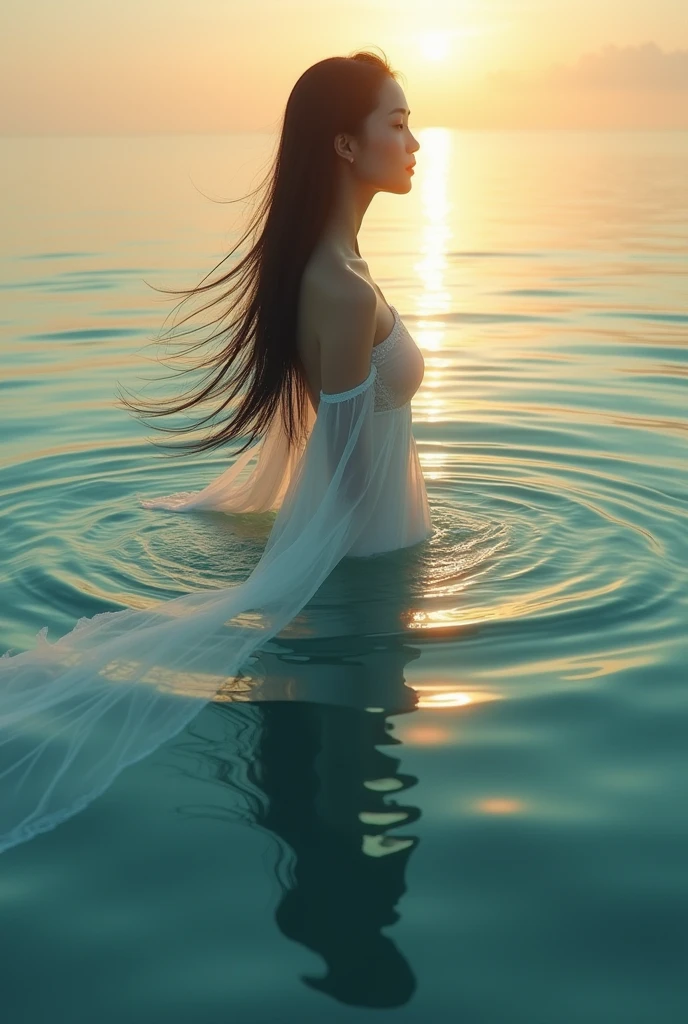 Beautiful Asia Woman walking up from the sea with reflection 