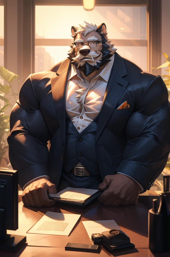 1boy, 1man, solo, (furry), (face, detailed face, bearded, white beard, thick mustache), (glasses), office, extremely huge muscular, massive muscular , sixpack , (suits), well-muscled old man. ((extremely muscle size, super thick arms, huge pec, hyper pec, bigger chest, extremely wide pectoral , huge arms)), wide smiling. Add textures and details to make the image more realistic, such as the appearance of the. Make sure the resulting image is high resolution, 8K quality