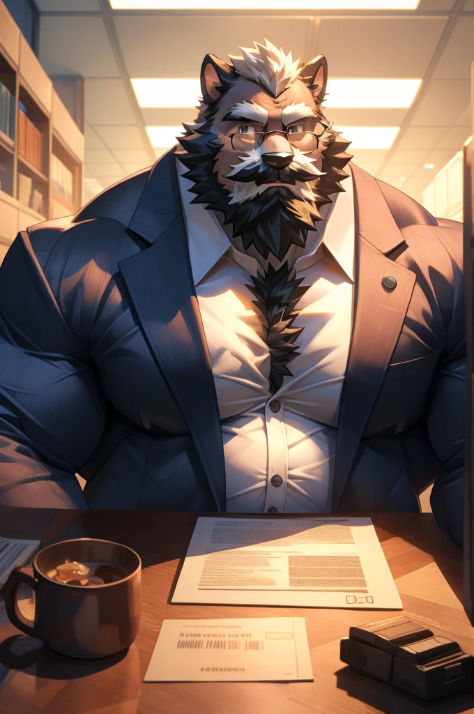 1boy, 1man, solo, (furry), (face, detailed face, bearded, white beard, thick mustache), (glasses), office, extremely huge muscular, massive muscular , sixpack , (suits), well-muscled old man. ((extremely muscle size, super thick arms, huge pec, hyper pec, bigger chest, extremely wide pectoral , huge arms)), wide smiling. Add textures and details to make the image more realistic, such as the appearance of the. Make sure the resulting image is high resolution, 8K quality