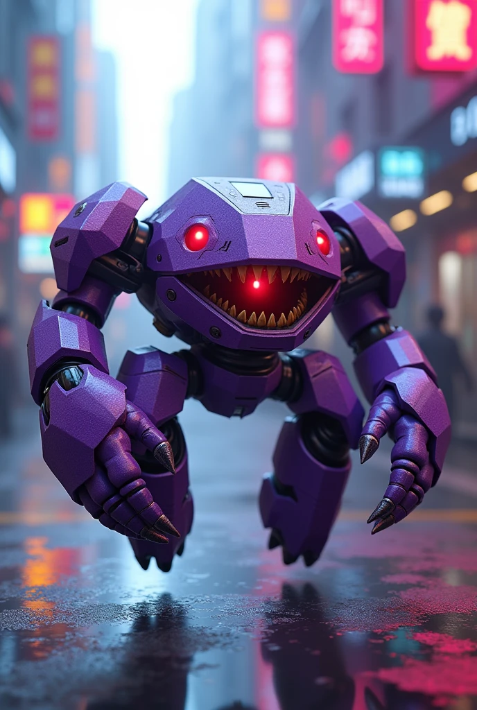 a highly detailed. small face robot sharp teeth.  hexagonal prism robot with crab-like legs, red eyes, sharp teeth, a purple crab-shaped body, floating and flying. claw hand. high tech design. hulkbuster body. mecha robot. big bazooka.bazooka on hands, ，Cyberpunk, dreamy glow, luminous neon lights, ( Global illumination, Ray traching, hdr, unreal render,reasonable design, high detal, Masterpiece, Best quality, hyper HD, Cinematic lighting), Mecha musume. jackpack.flamethrower fire blast. power fired.
