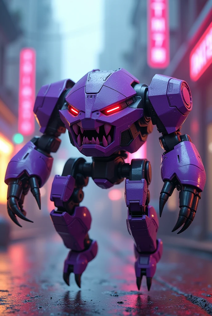 a highly detailed. small face robot sharp teeth. hexagonal prism robot with crab-like legs, red eyes, sharp teeth, a purple crab-shaped body, floating and flying. claw hand. high tech design. hulkbuster body. mecha robot. big bazooka.bazooka on hands, ,Cyberpunk, dreamy glow, luminous neon lights, ( Global illumination, Ray traching, hdr, unreal render,reasonable design, high detal, Masterpiece, Best quality, hyper HD, Cinematic lighting), Mecha musume. jackpack.flamethrower fire blast. power fired.
