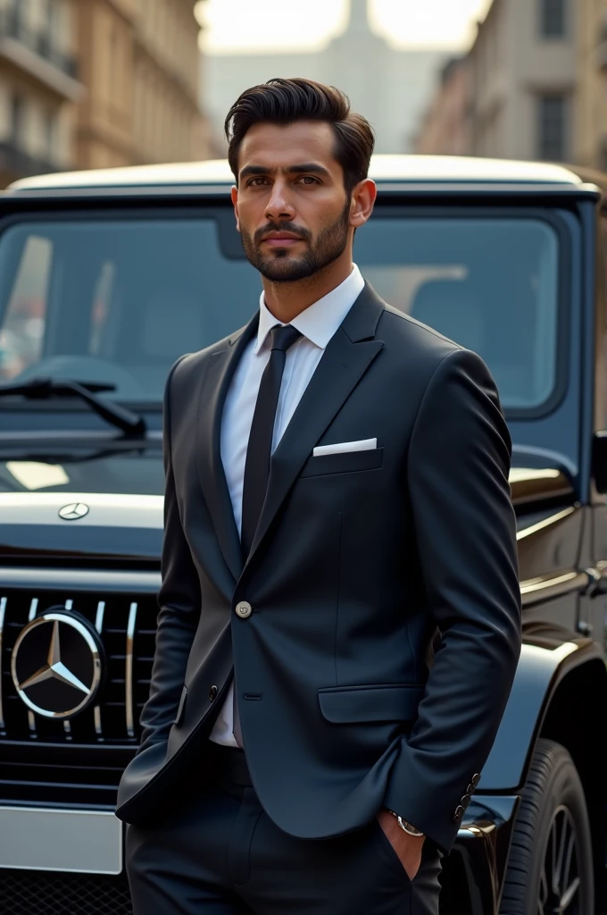 Creat hamza ali picture standing next to g wagon
