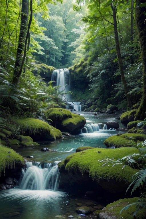 "A lush forest with tall, green trees, a crystal clear stream running gently towards a waterfall, surrounded by green grass and dotted with colorful flowers. Realistic, cinematic"