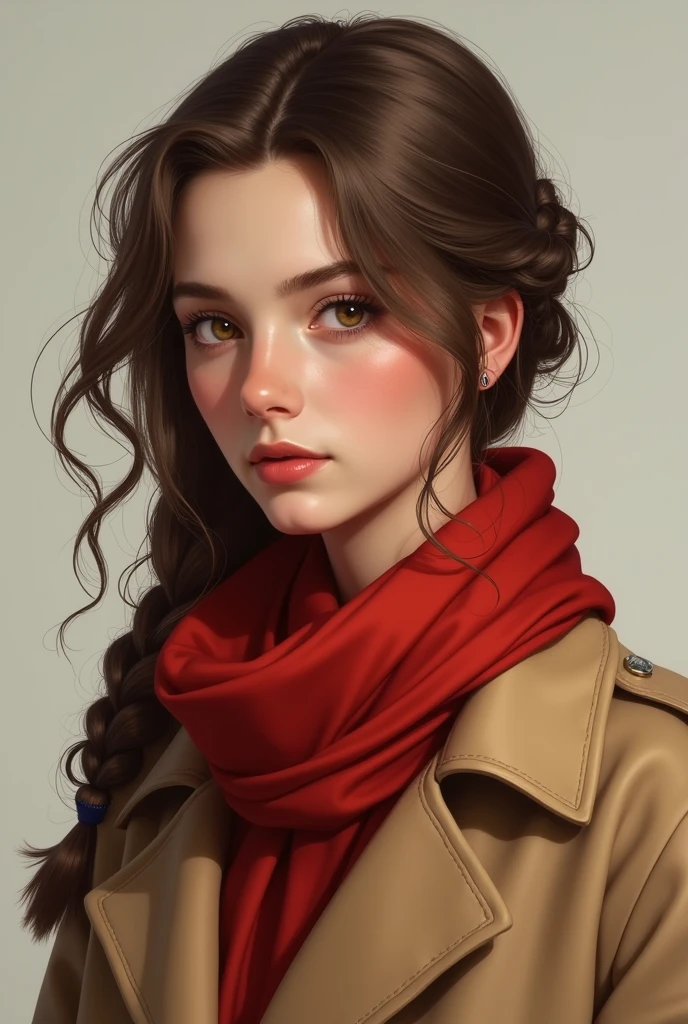 A young adult woman with brown hair in a side braid. She wears a red scarf and a beige overcoat. She has honey brown eyes and a thin rosy face.