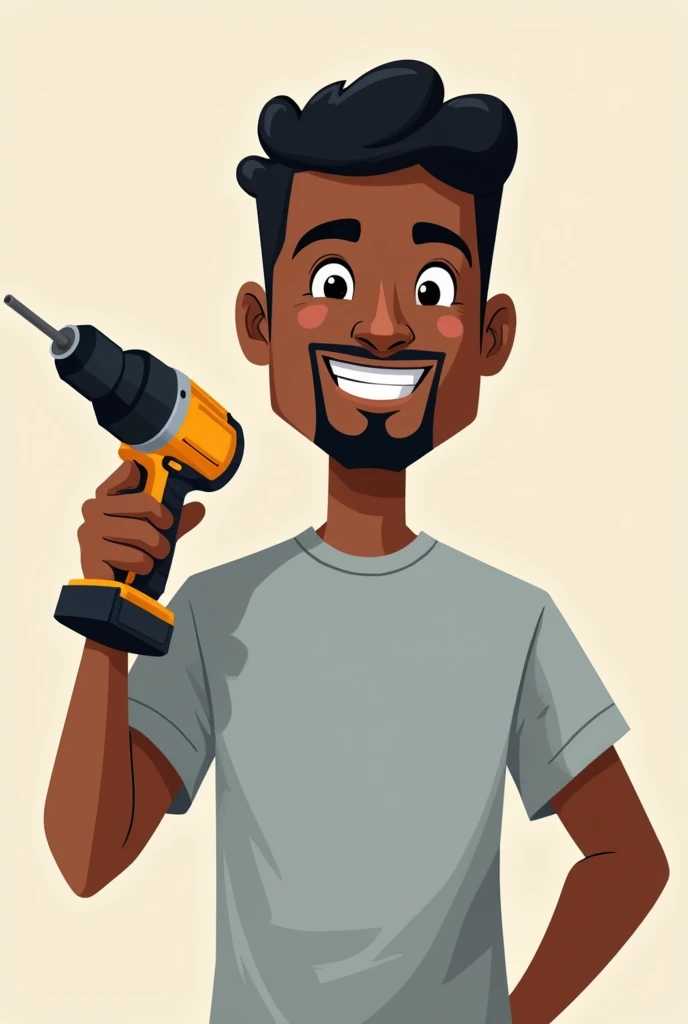 Square head man with full face black man with goatee neat black hair smiling in light grey t-shirt with bricklayer&#39;s drill in raised hand in cartoon 