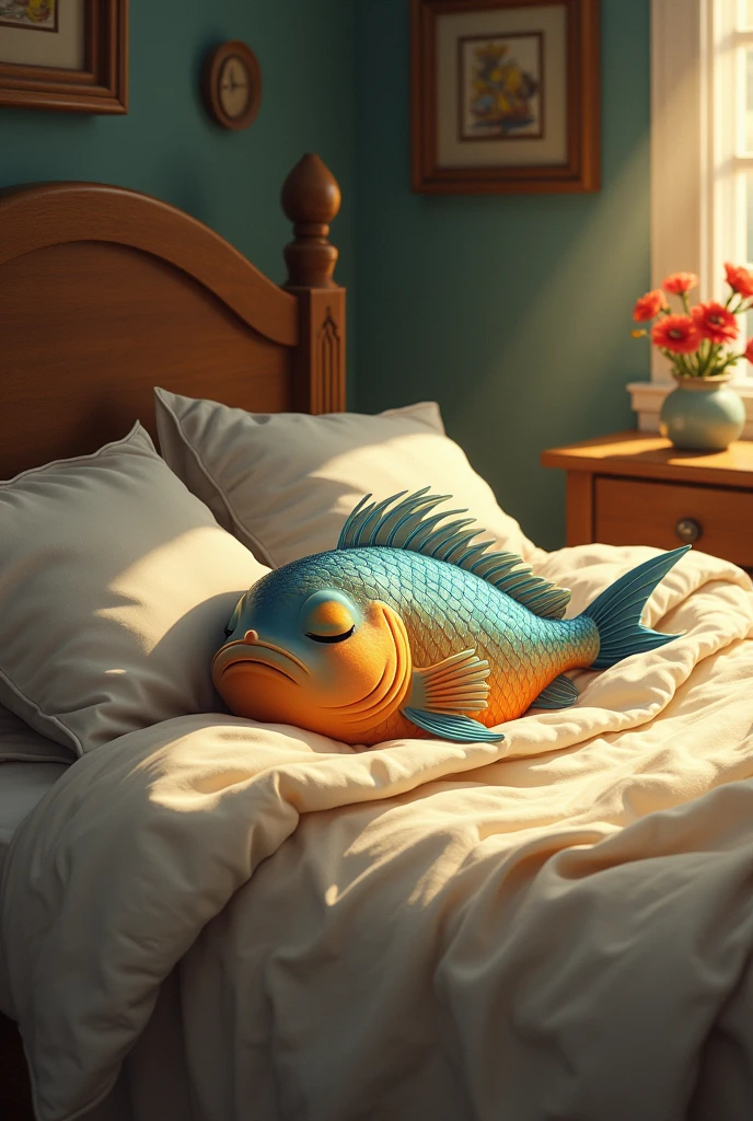fish sleeping in a bed