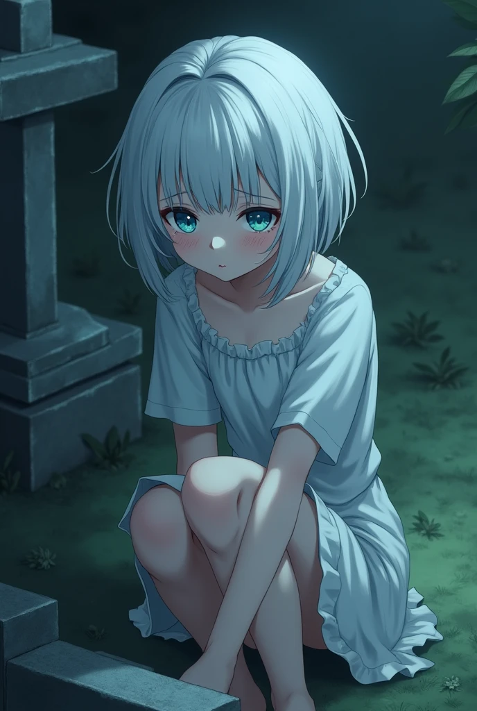 anime style, young adult woman, with blue right eye and green left eye, short white hair.
Sitting next to a grave.
He has watery eyes.