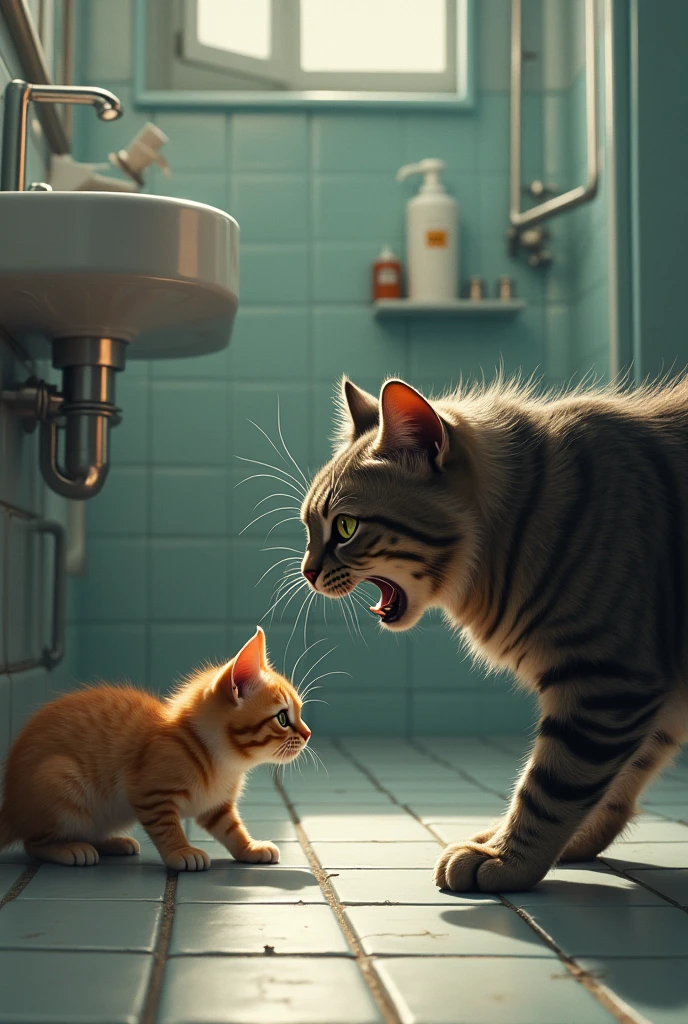 There are two cats and one is their baby. The cat and the cat are fighting with each other a lot. They are standing on the washroom and fighting.