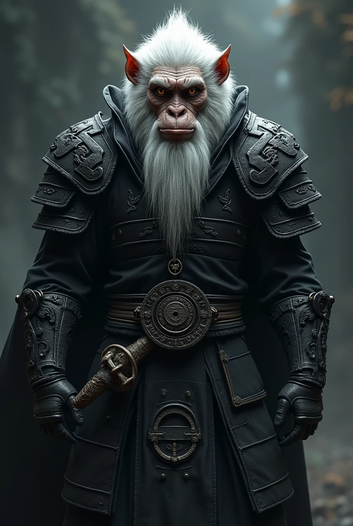 black myth wukong, solo, 1boy, male_focus, facial_hair, armor, shoulder_armor, weapon, looking_at_viewer,monkey_man, white_hair, pauldrons, old