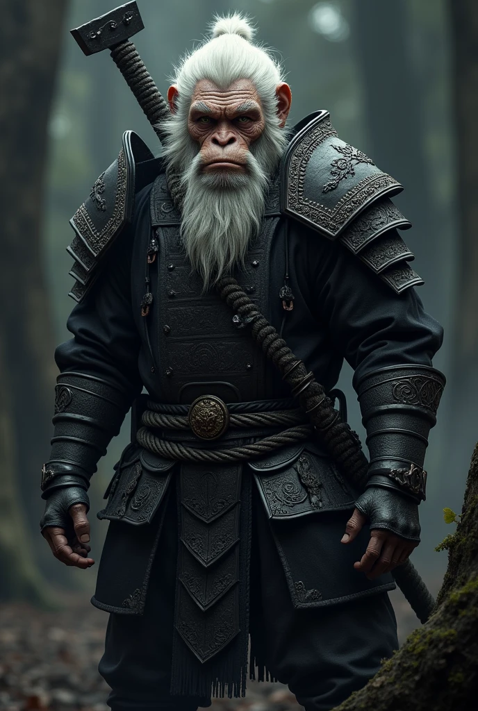 black myth wukong, solo, 1boy, male_focus, facial_hair, armor, shoulder_armor, weapon, looking_at_viewer,monkey_man, white_hair, pauldrons, old