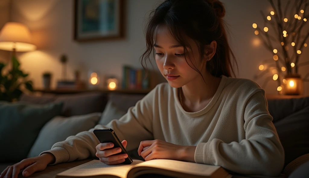 A person integrating numerology into their daily routine, perhaps checking a numerology app on their phone or reading a numerology book in a cozy living room. The setting is relaxed and practical, illustrating how numerology can be applied in everyday life. --ar 16:9