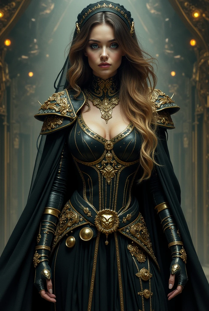 full body shot of one Beautiful woman. dark brown hair, blond hair. blue eyes. daring outfit. goth priestess. maidenly charm. silky robes over Knightly cyber armor. golden accessories. Dark sci-fi. Warhammer 40k. Dieselpunk. baroque oil painting.
