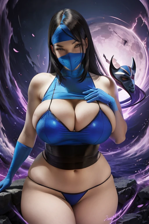 Kitana, sexy pose, big breasts, curvy, smile, mask
