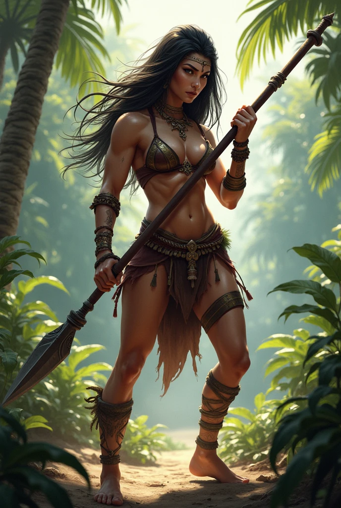 Female barbarian savage, tribal bikini, spear, outdoor subtropical environment, dynamic battle pose
