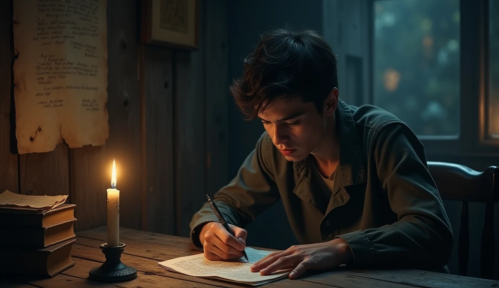 A young writer in a dark and ominous room trying to write a scary story, while a sinister and invisible presence torments him, atmosphere of fear and terror.