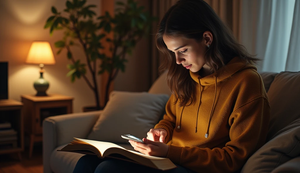 A person integrating numerology into their daily routine, perhaps checking a numerology app on their phone or reading a numerology book in a cozy living room. The setting is relaxed and practical, illustrating how numerology can be applied in everyday life. --ar 16:9