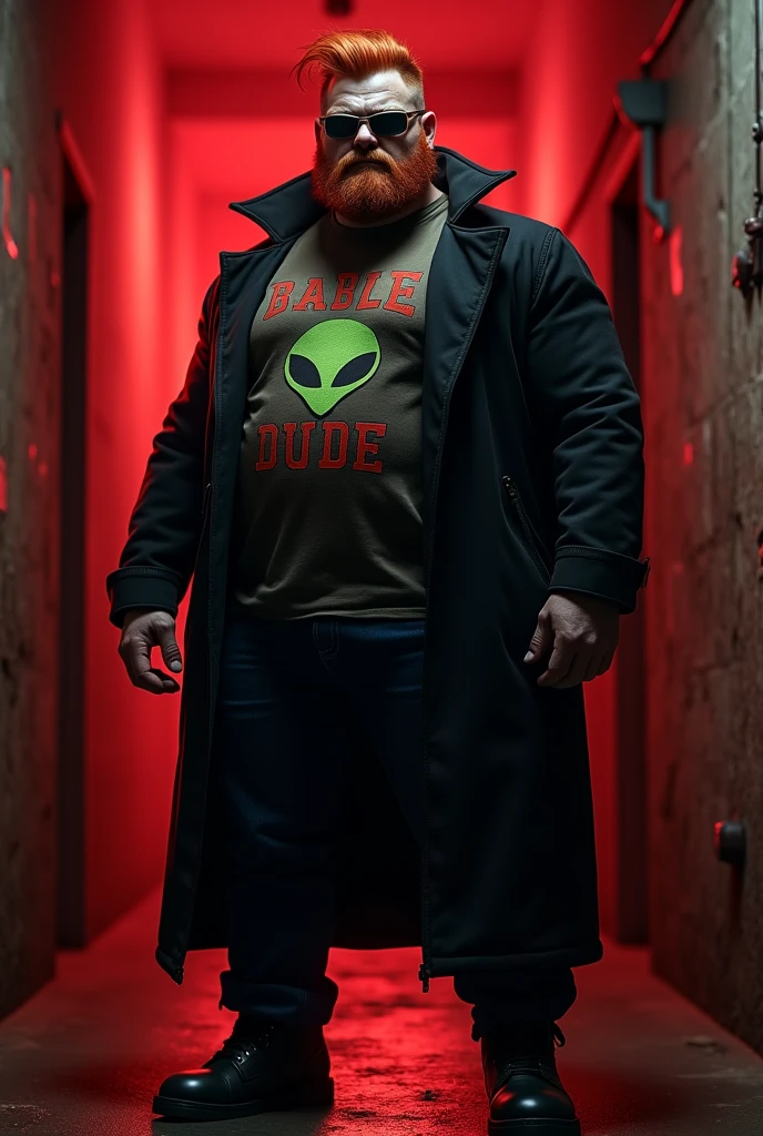 Postal dude, PICTURE REALISTIC, strong white man, 3, black overcoat, t-shirt with alien image, dark jeans, Black boots, sunglasses, red hair. Postal dude, postal 2, malignant aura, malefic, dangerous, nuts, psychopath -- Black background with a red light coming from behind him.
((4k image quality, HDR, face detailed, detailed clothing, detailed scenery))