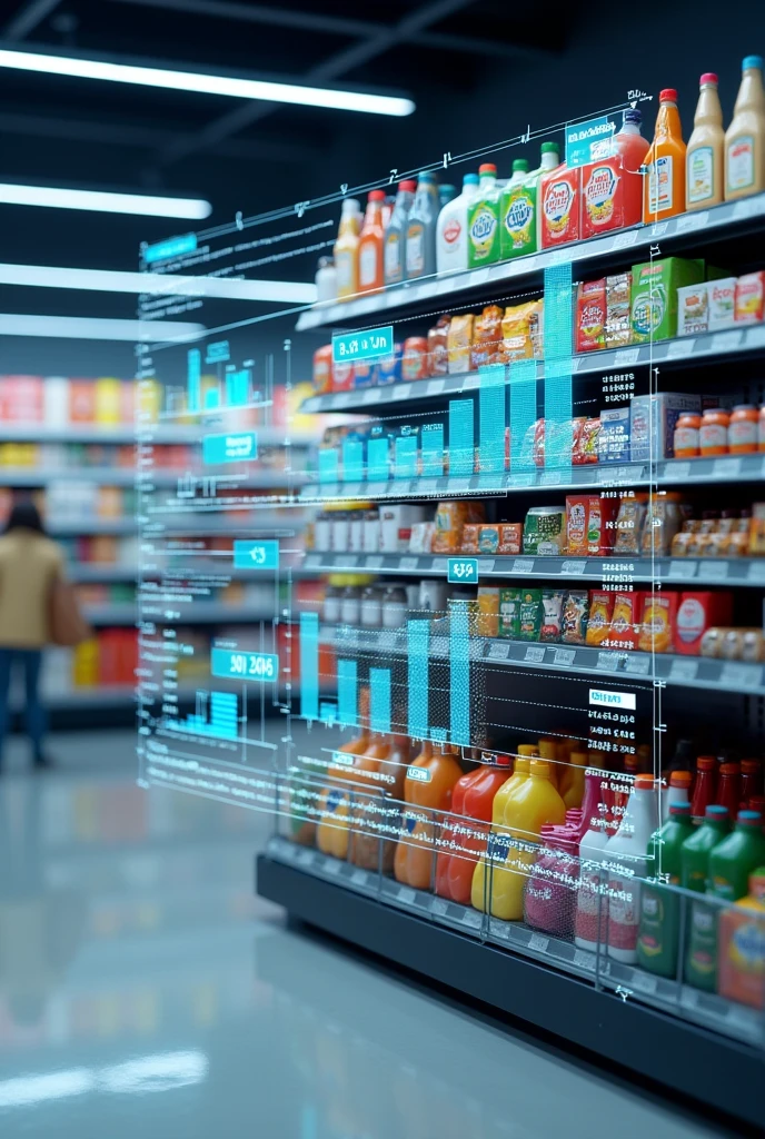 A supermarket shelf full of products, with overlaid graphs and numbers, representing sales data.